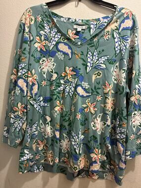 Chico's Size 4 Floral Paisley V-Neck Top Sage Green Plus Size XXL